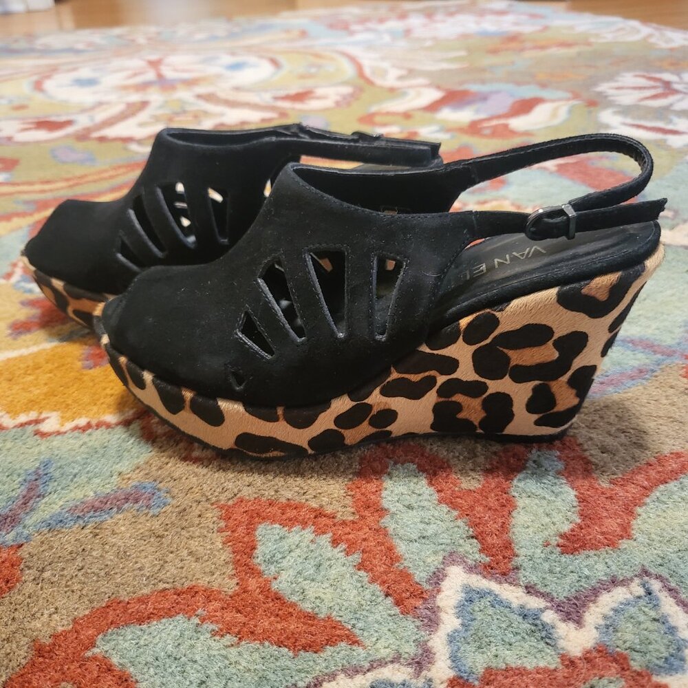 Vaneli Calf Hair Animal Print and Black Suede Wedge